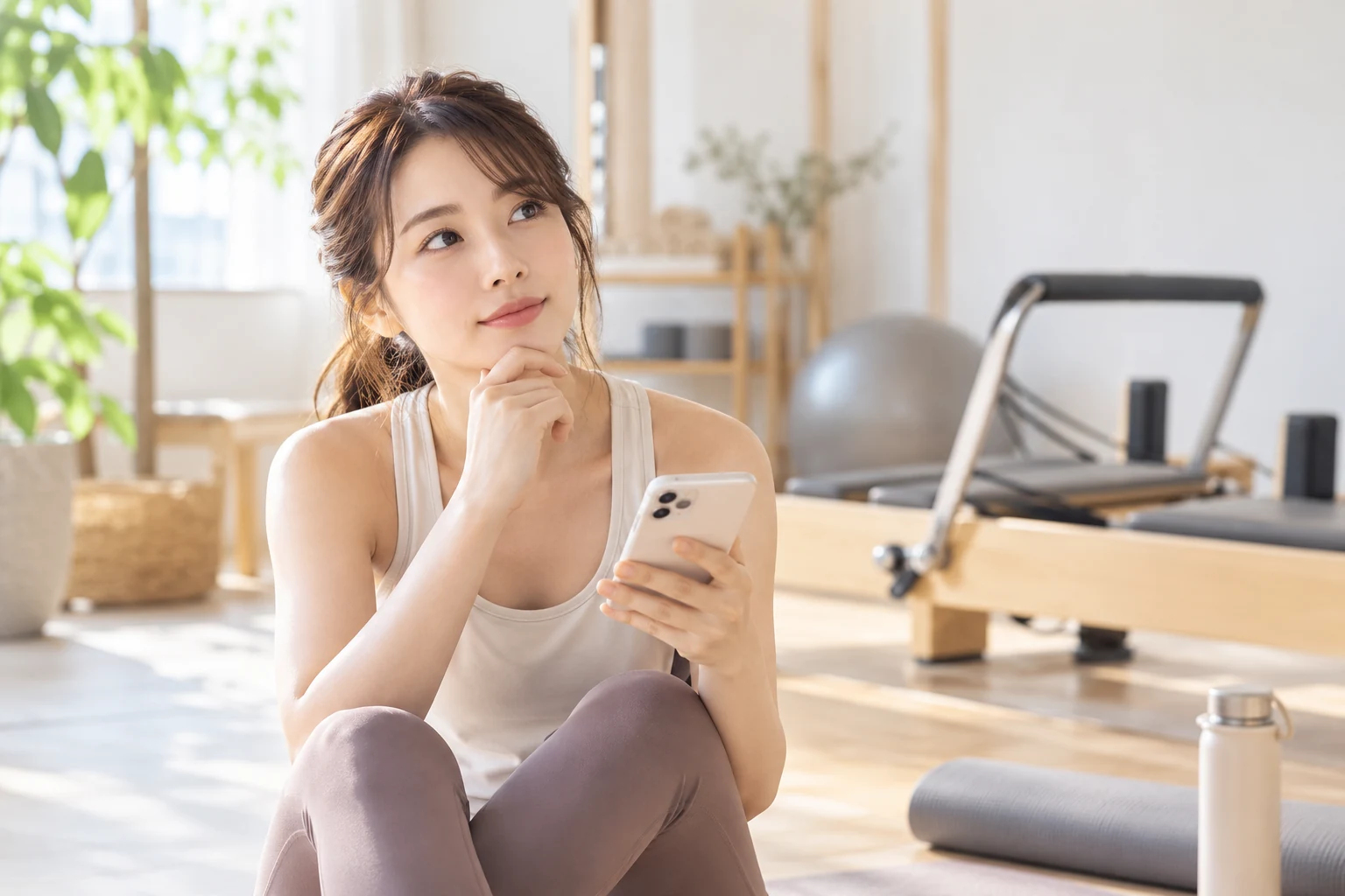 スマートフォンを片手にピラティススタジオ選びを考える女性のイメージ写真